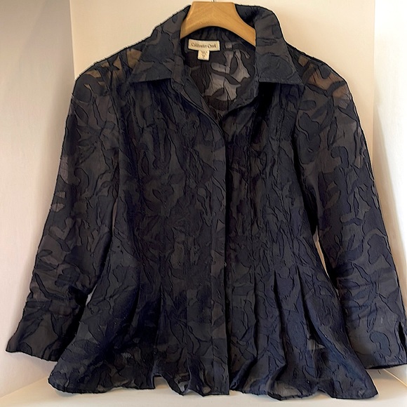 Coldwater Creek Tops - Coldwater Creek Navy Blue Button Down Collared Patterned Blouse